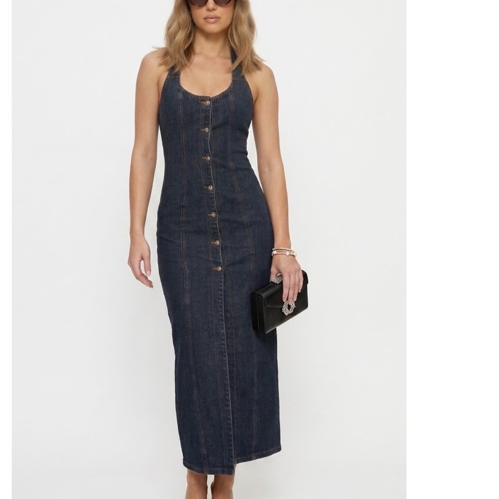 Lioness Women Dark Wash Denim Kenny Halter Button Front Midi Dress Blue Size S